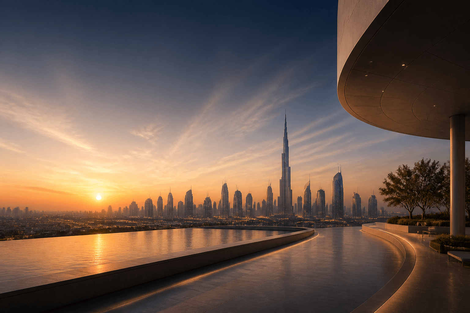 A terrace overlooking the Dubai skyline at sunset