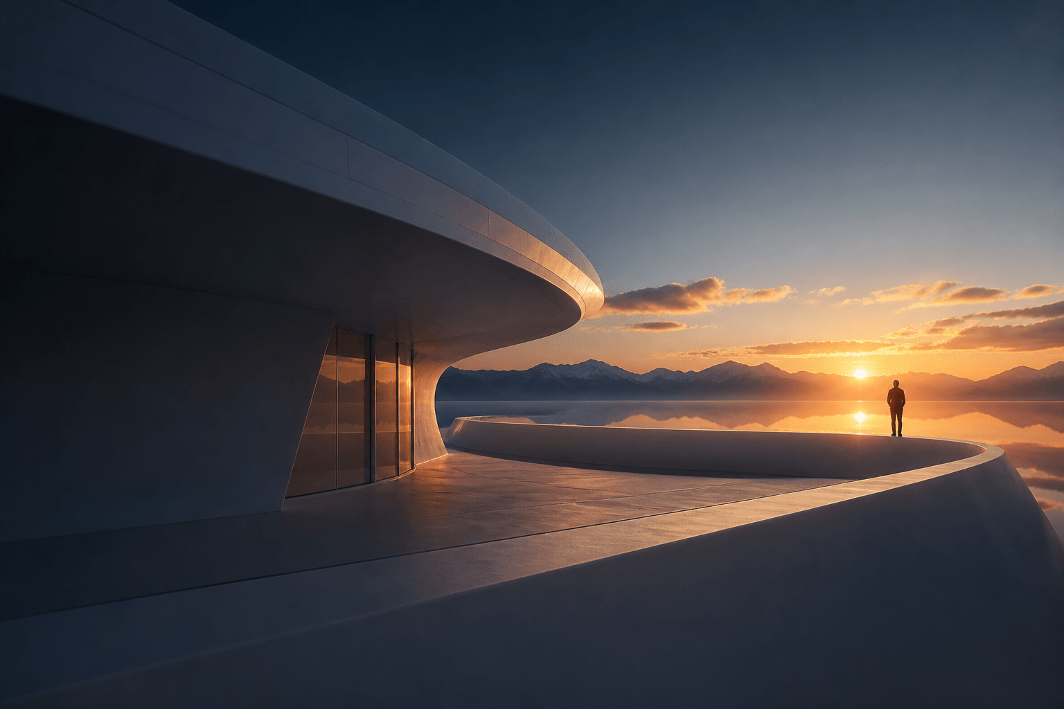 A figure on a still architectural walkway at dusk