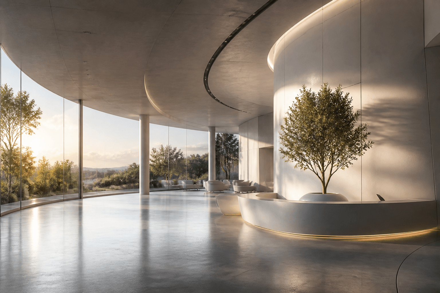 A bright minimalist architectural interior with garden light