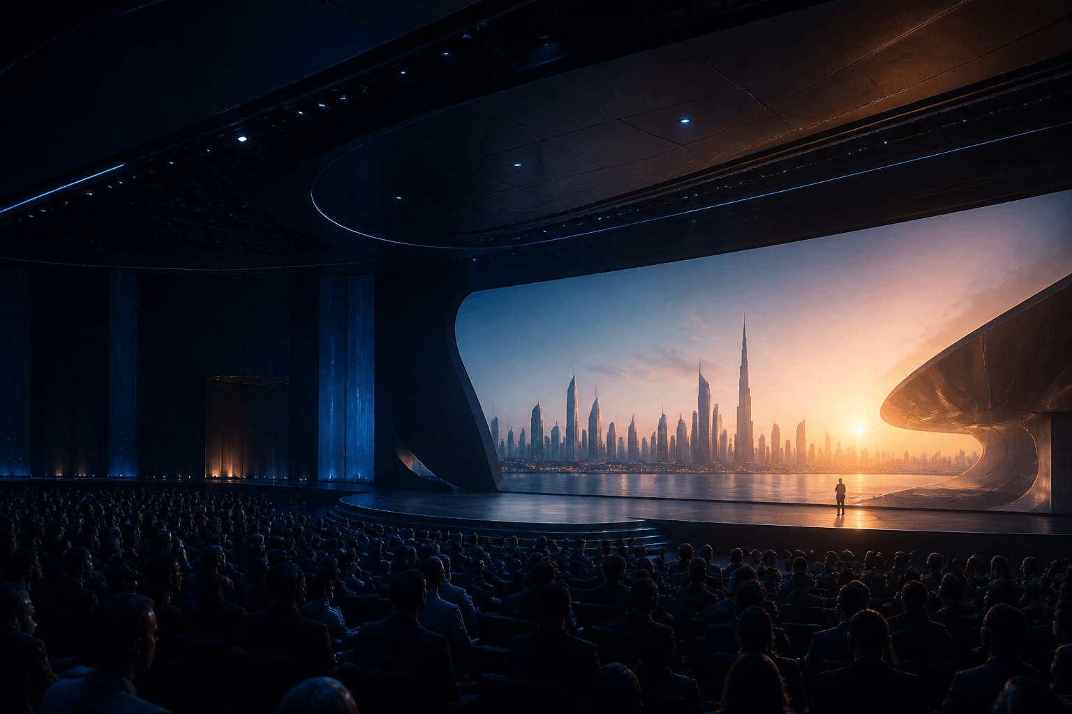 A futuristic auditorium facing a luminous stage