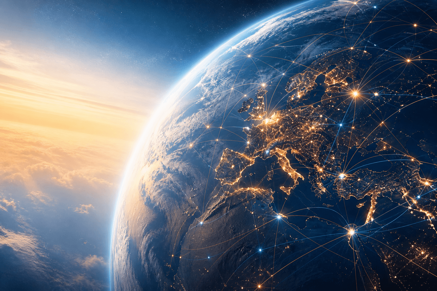 Earth from orbit at sunrise, with a glowing network across sunlit continents