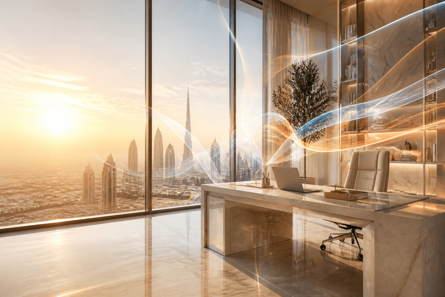 A sunlit research workspace with drifting light ribbons and a dusk city beyond the glass